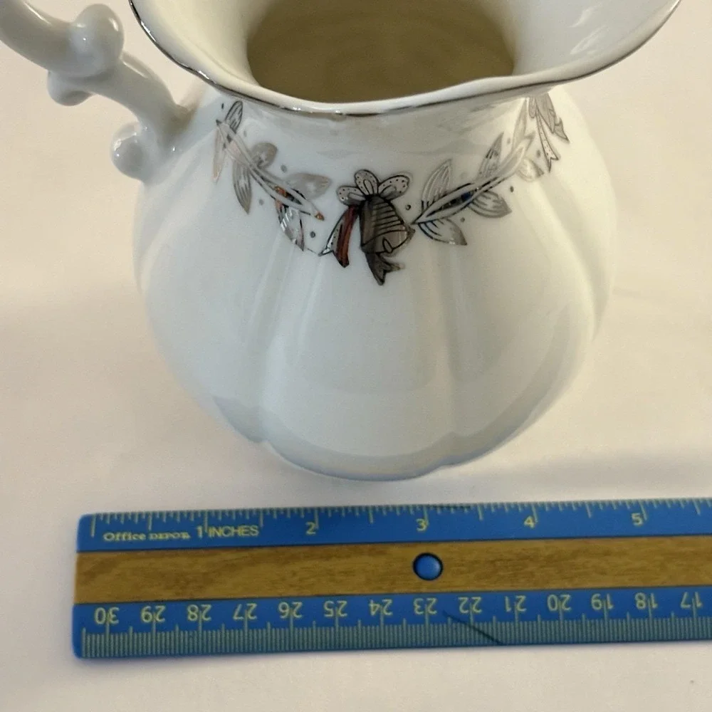 Vintage Lefton 25th Anniversary Pitcher &‎ Liner Bowl Silver White Porcelain MCM